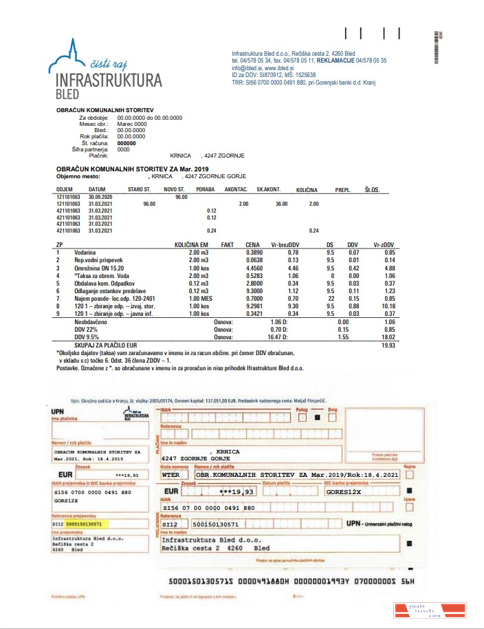 Slovenia Infrastruktura Bled utility bill template in Word and PDF format (.doc and .pdf)